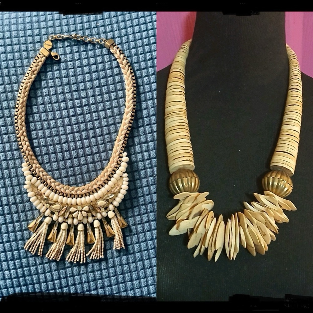 Bundle of 2 statement necklaces 1 wood gold cream beads rhinestone tassel tribal